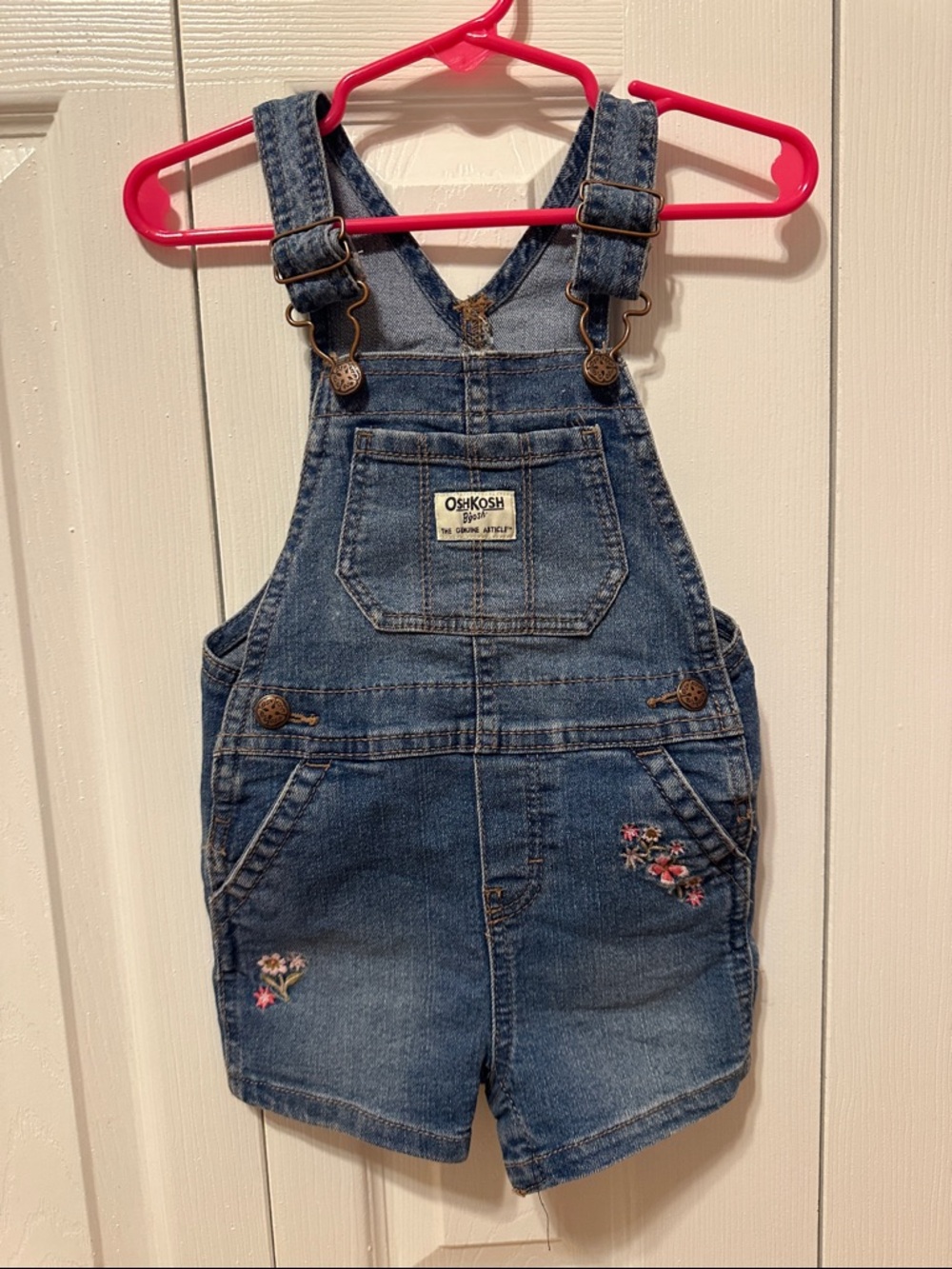 OshKosh B'gosh Blue Denim Short Overalls with Pink Floral Accents